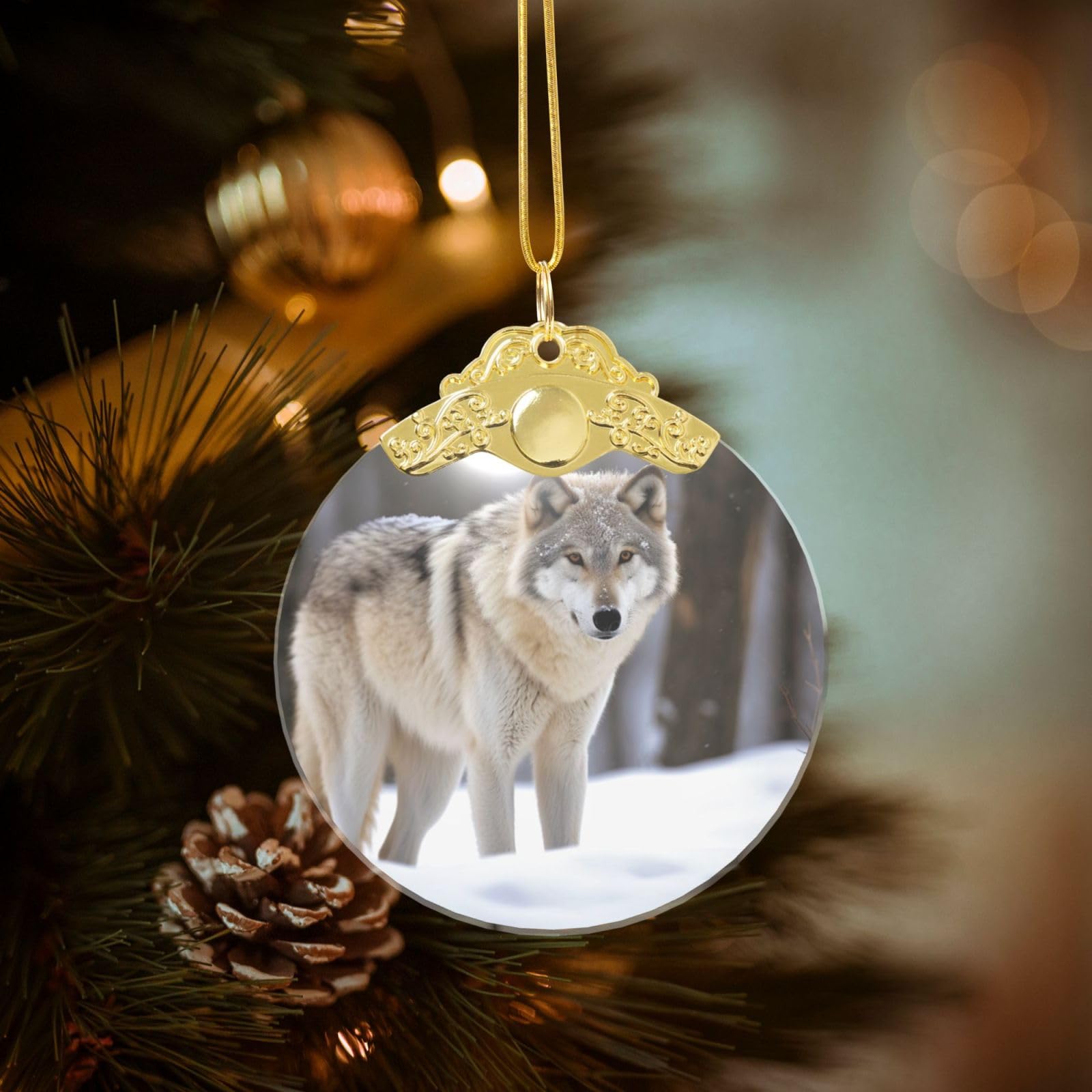 Crystal Christmas Ornaments for Christmas Tree Decoration Hanging Wolf in The Snow Ornament with Gold Ribbon Crafts Round Pendant for Keepsake Gifts Glass Xmas Decor Party Supplies