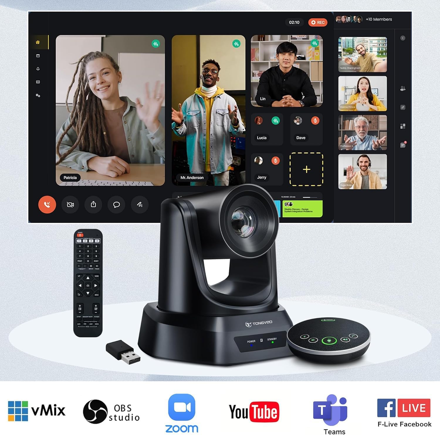 TONGVEO 5.8GHz Wireless Conference Room Camera System with Bluetooth Microphone,20X 60fps PTZ Camera for Worship Online Conference, Works with Zoom, Skype OBS Easy to Set Up