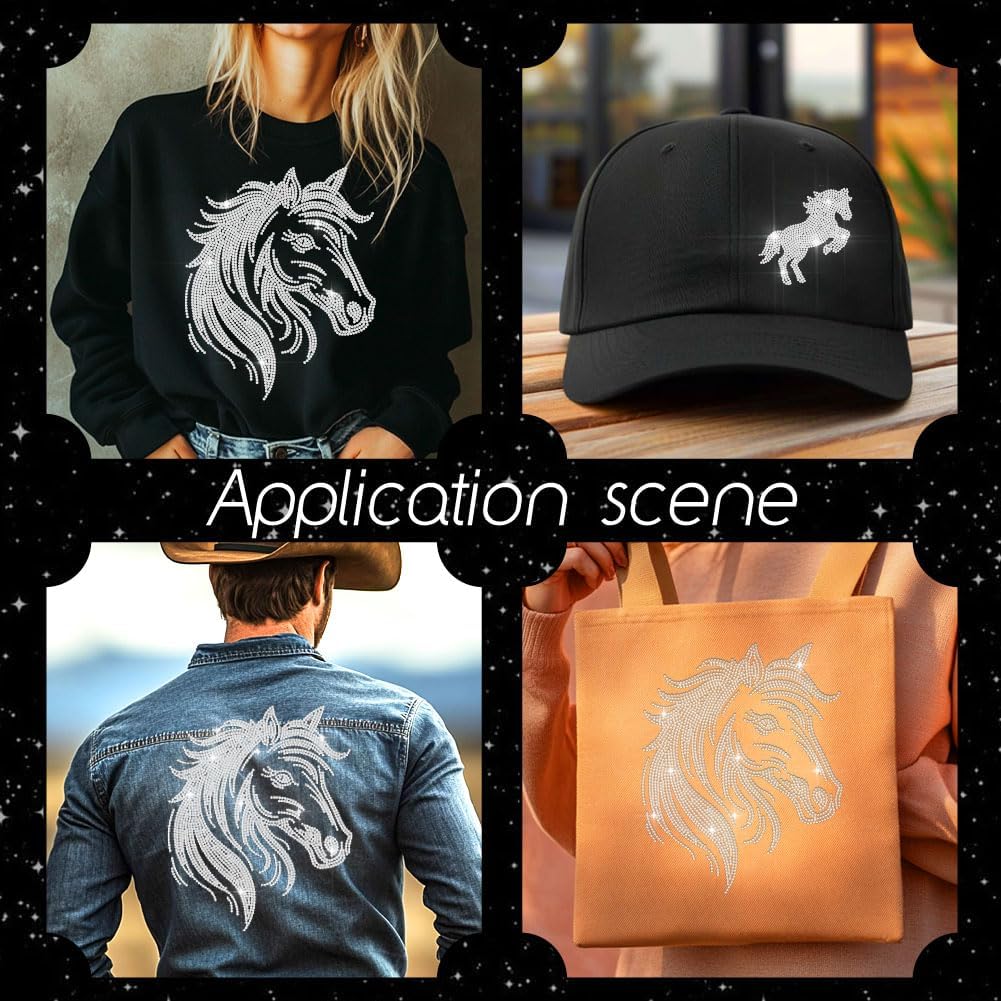 MAYJOYDIY Horse Head Rhinestone Iron on Transfer Foal Pony Heat Transfer Decal Mane Hot-fix Rhinestone Transfers Farm Animal Diamond Iron on Stickers for Shirts Bags Hats Jacket Jeans DIY Crafts