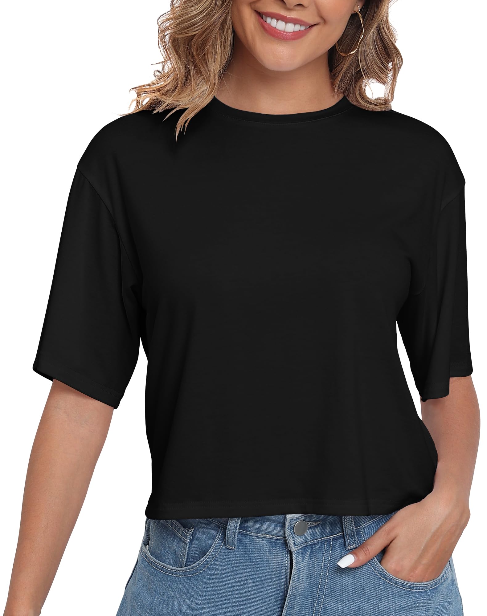 PRIMODA Women's Loose Cropped T-Shirts Basic Casual Tee For Casual Wear
| PRIMODA Women's Half Sleeve Crop Tops Drop Sh 