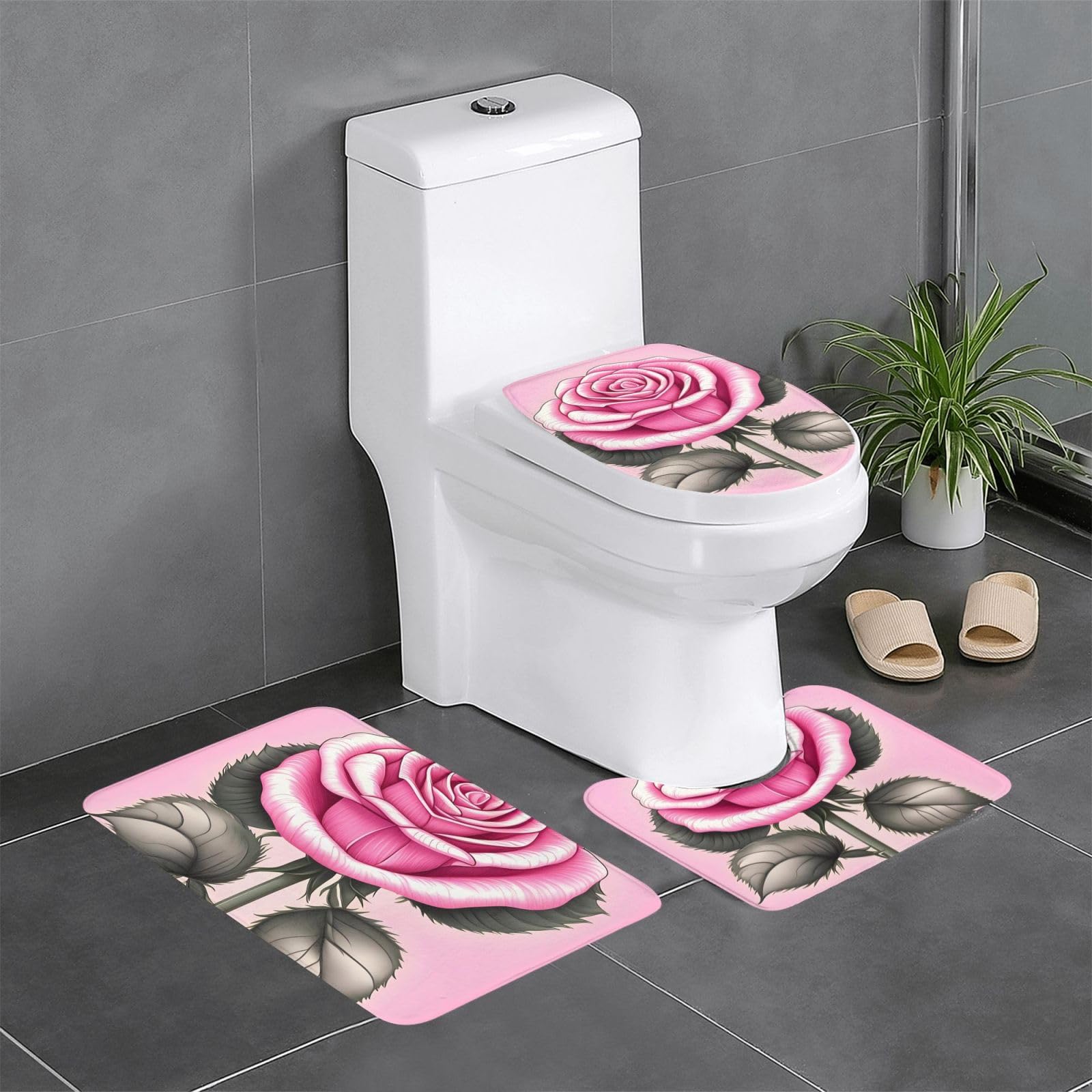 Tapis de salle de bain antidérapants lot de 3 avec contour et tapis ovale motif rose