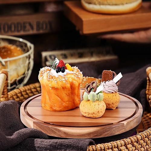 Miniatura 2 de Vacream Bandeja redonda de acacia, platos de madera, tabla redonda de quar, plato redondo para servir con borde para cocina, plato de ensalada de
