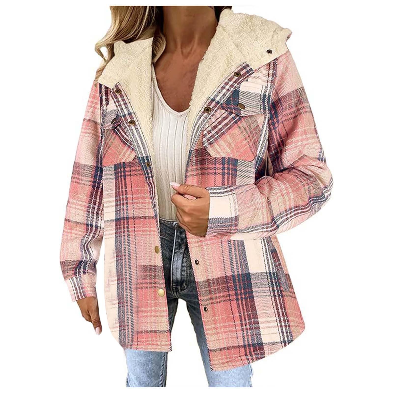 Chaqueta Mujer Invierno Abrigos De Cazadora Forro Polar，Chaqueta corta femenina con capucha forro polar estampado a cuadros abotonadura frontal y mangas largas para abrigo