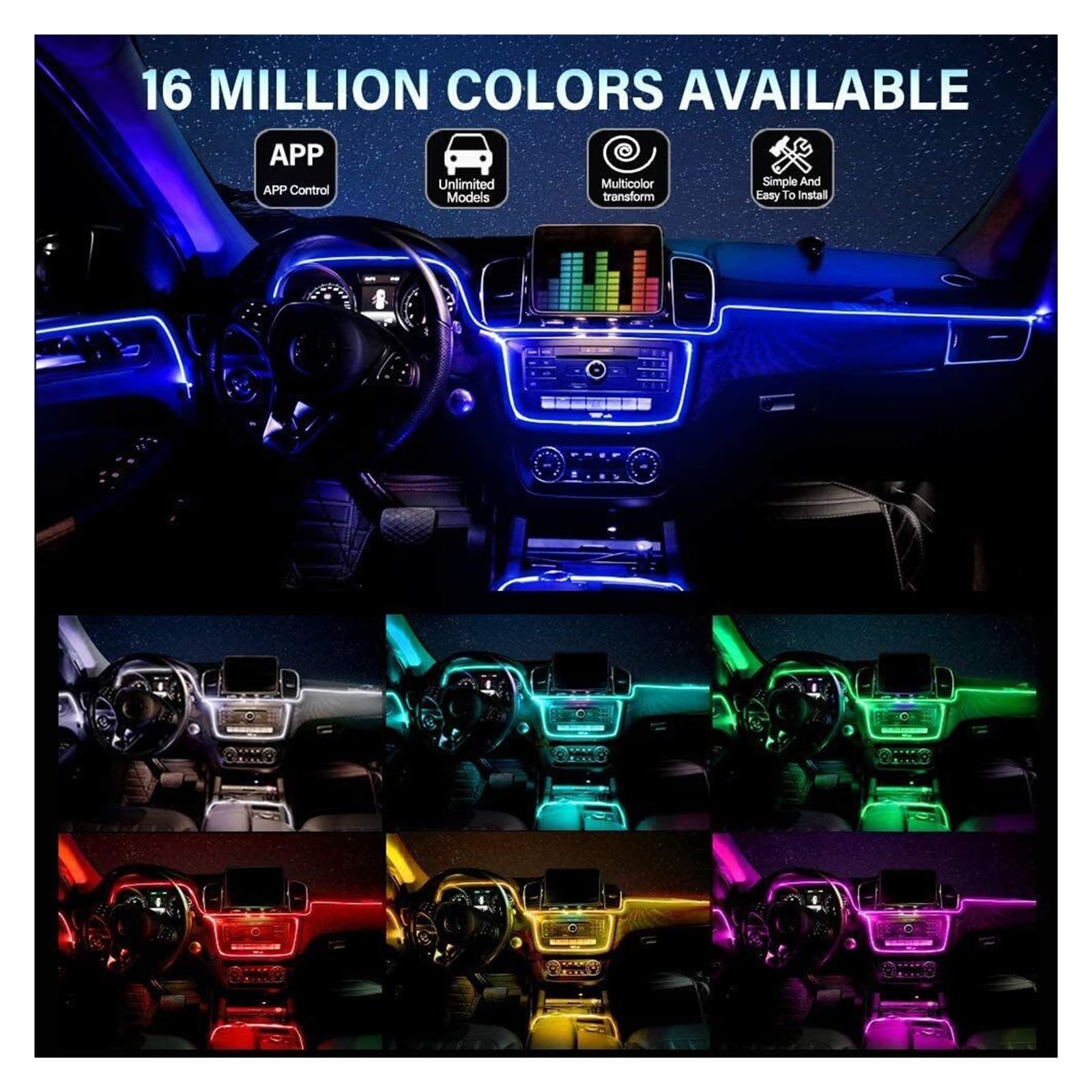 Oświetlenie Otoczenia Samochodu Kabel Światłowodowy Samochodu Zimne Światło 64 Kolory Nastrojowe Oświetlenie Wnętrza Samochodu Kontrola Wnętrza RGB Neonowy Pasek