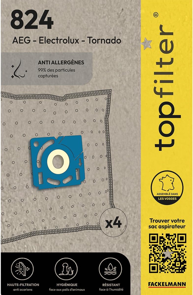 TopFilter 824, 4 Vacuum Cleaner Bags for AEG and Electrolux, Dust Tornado Fleece Vacuum Bags, 4 Bags Box (30 x 26 x 0.1 cm