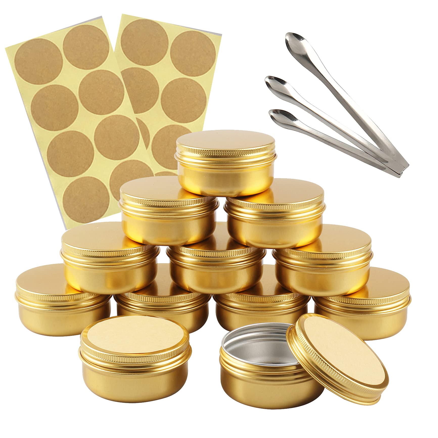 TIANZD 24 Pieces 50 ml Empty Gold Round Aluminum Tin Jars with Screw Lids Cosmetics Lip Balm Containers Pots for DIY Candle Salve Salt Powder Crafts Storage Cans with 3x Spoon, 24x Labels