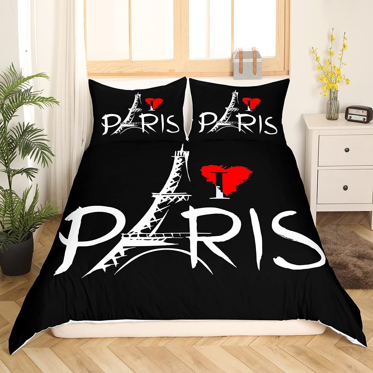 Homemissing King Eiffel Tower Bedding Set Fashion Paris Theme Comforter Cover Set Women's French Urban Landscape Duvet Cover Red Heart Pattern Bedroom Series — image 1
