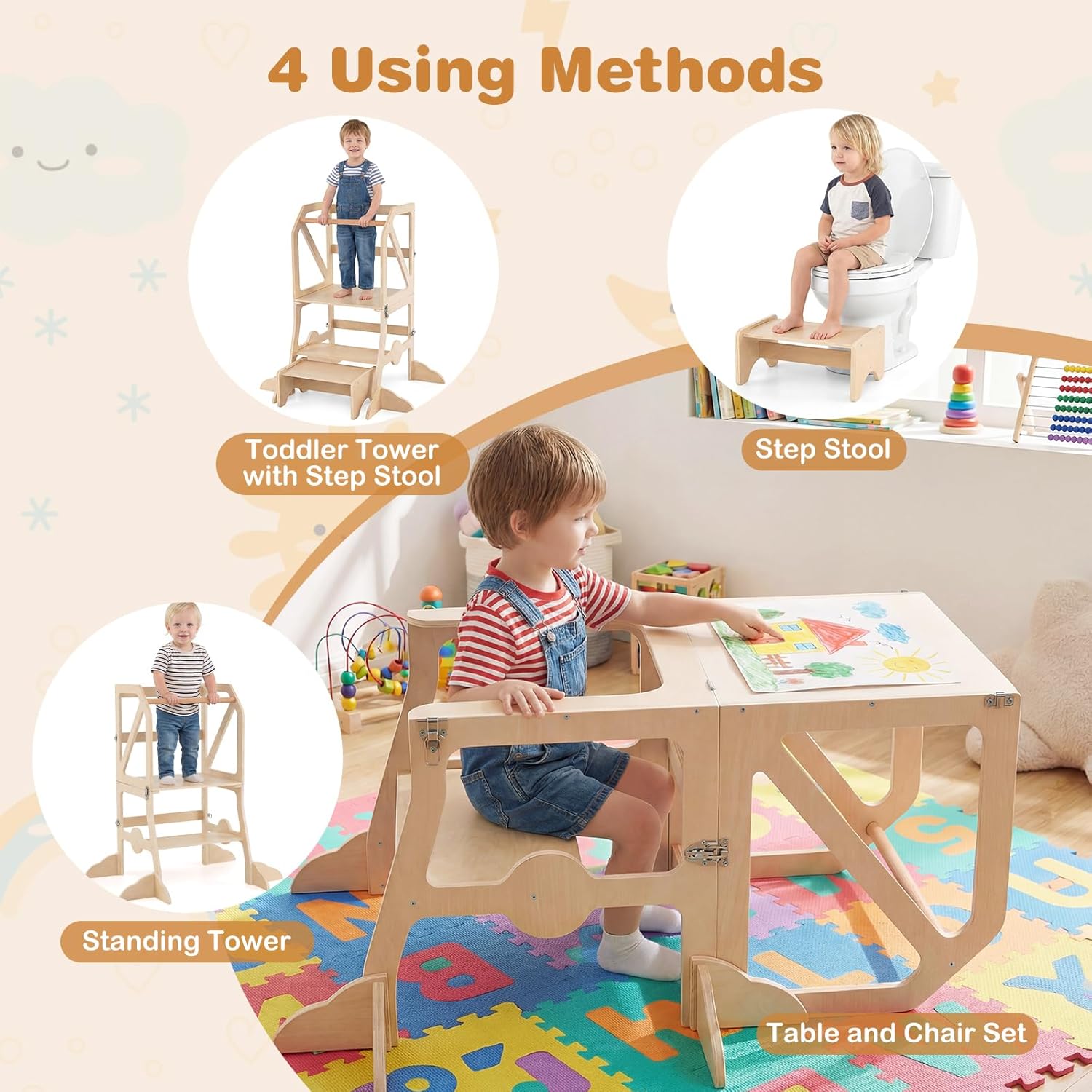 Costzon Convertible Toddler Tower, Wooden Children Table and Chair, Multifunctional Kids Kitchen Step Stool with Removable Safety Bar, Gift for Boys & Girls Aged 3+