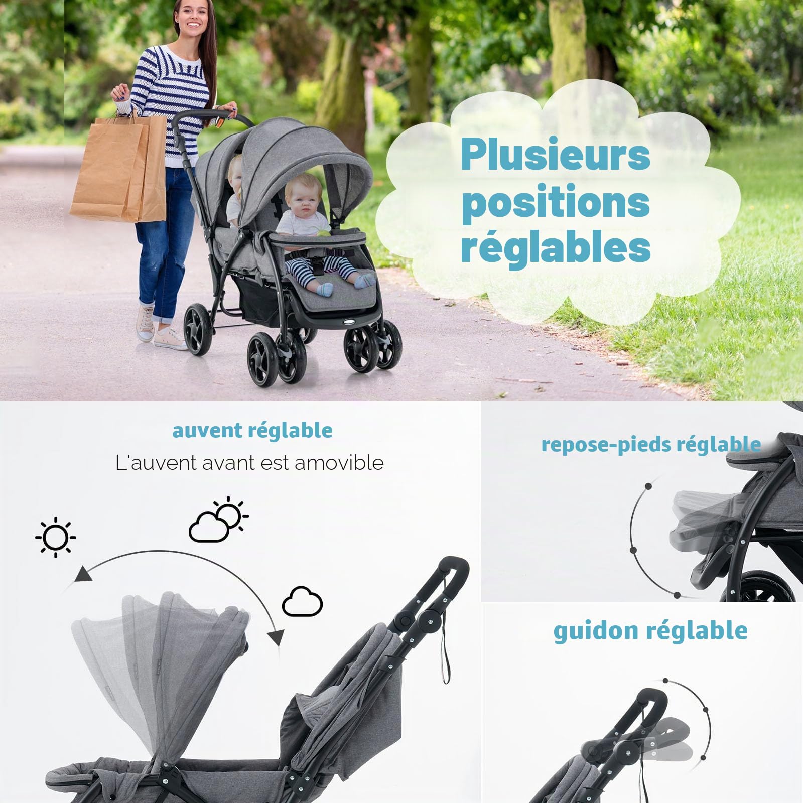 FANTASK Poussette double pliable avec dossier et capote réglables - Pour bébé à partir de 6 mois - Charge maximale : 30 kg - Gris