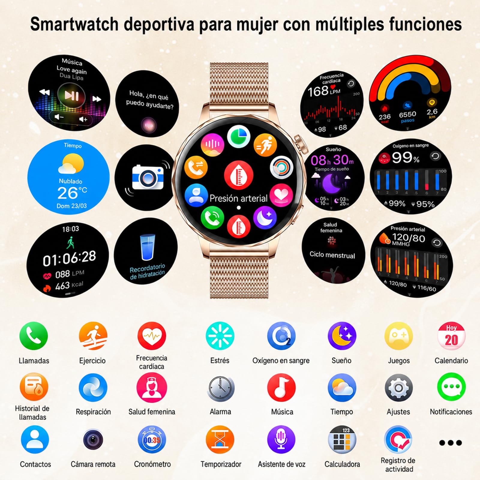 Efolen Reloj Inteligente Mujer con Llamadas Bluetooth, 1.27" Smartwatch Mujer Redondo con 2 Correas, 120+ Modos Deportivos, Pulsómetro, SpO2, Sueño, IP68 para Android iOS, Oro Rosa