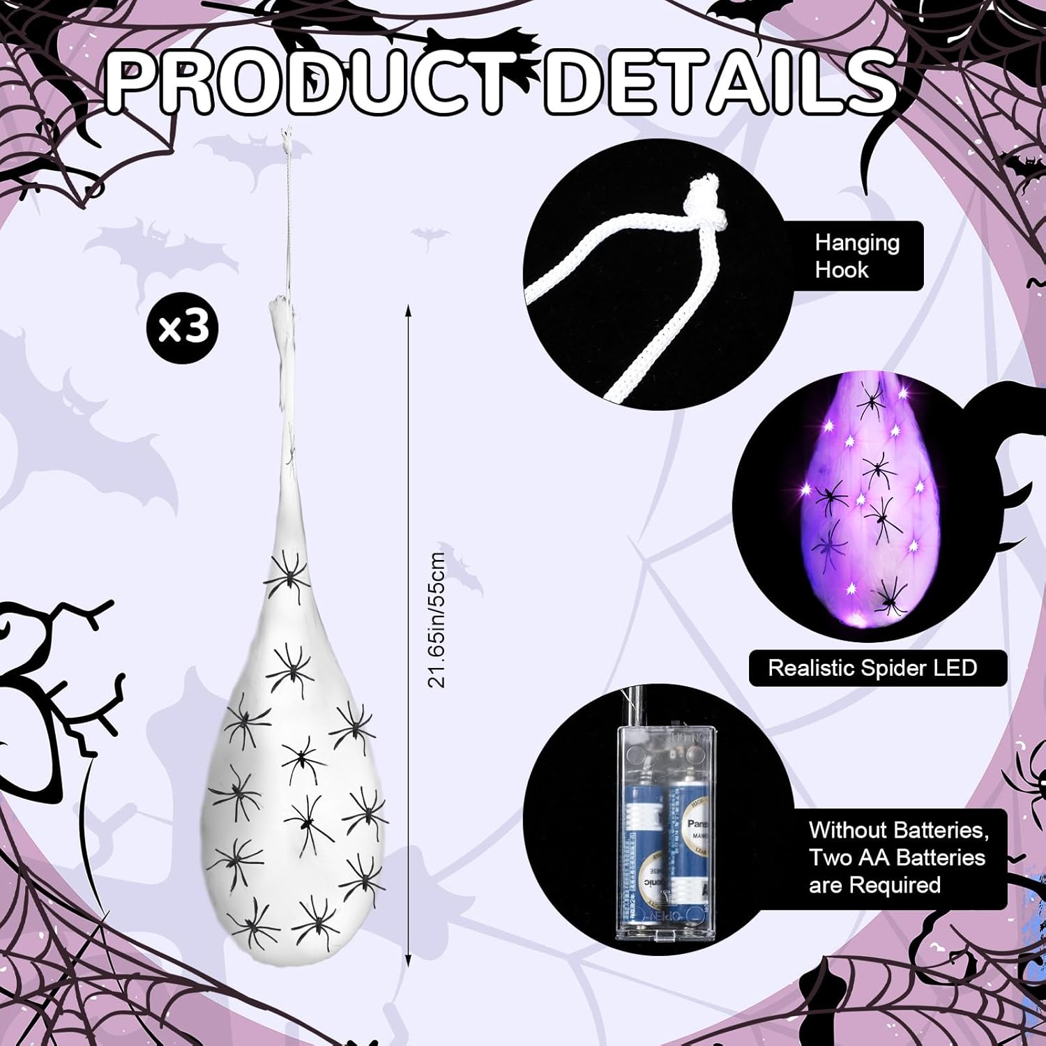 Halloween Trunk or Treat Car Decoration Kit, Spider Egg Sacs Car Decoration Hanging Purple Light, Spider Webs Decor for SUV Car Archway Garage Halloween Party Decorations