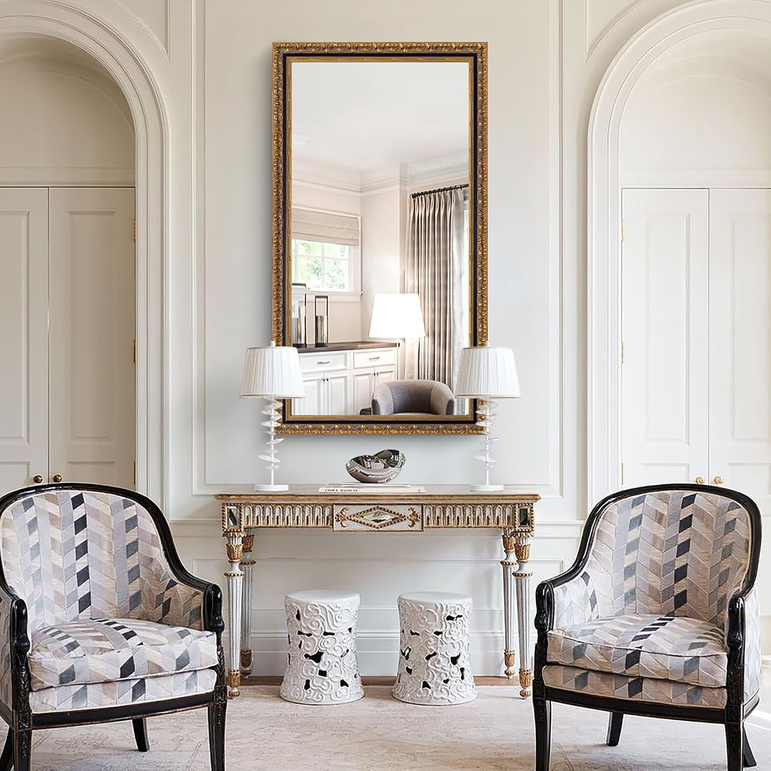 Chende Vintage Wall Mirrors for Decor, 47''x24'' Black and Gold Narrow Mirror for Bathroom with Antique Pattern Carving Wooden Frame, Rectangle Ornate Decor for Living Room, Entryway, Dining Room - Image 9