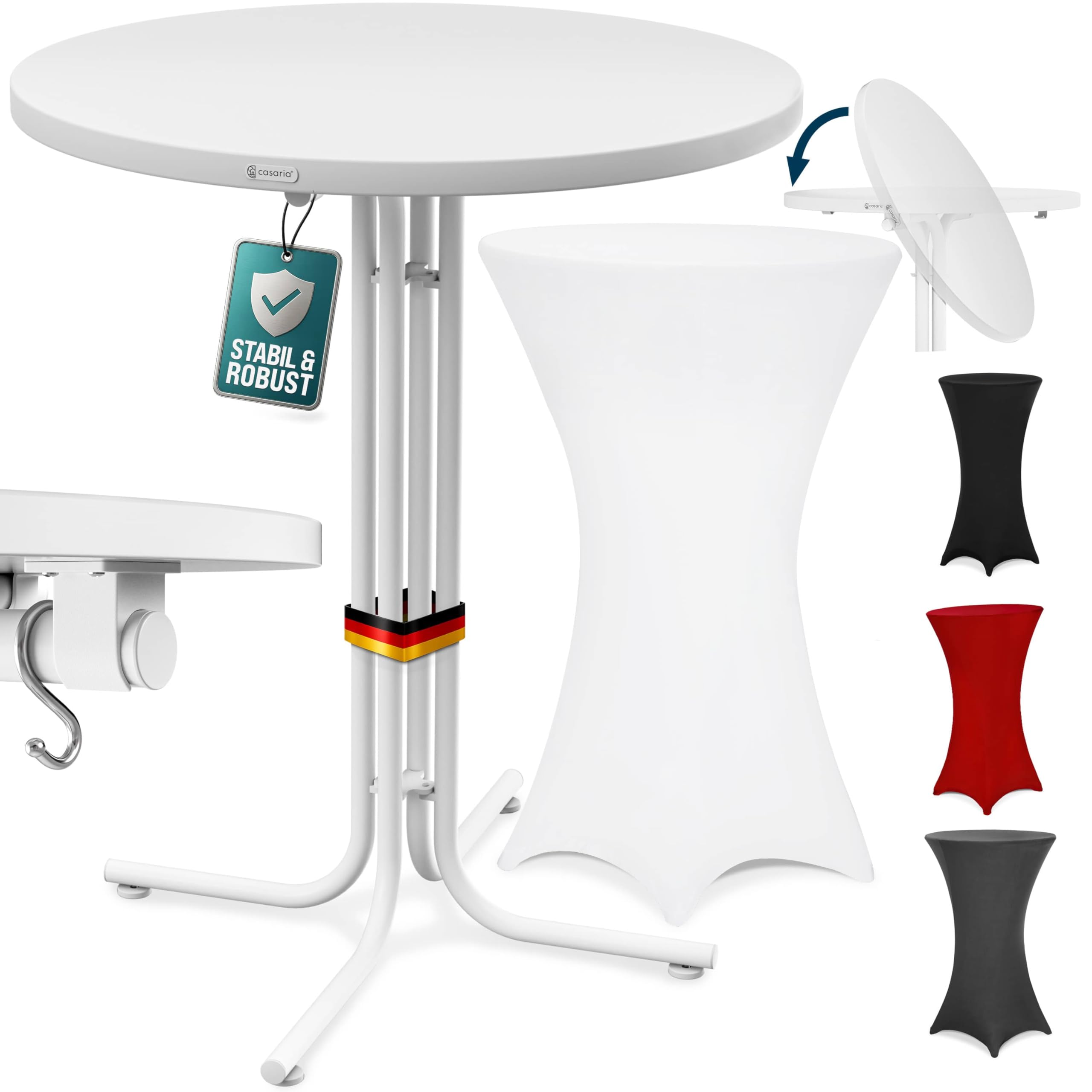 Casaria® Table Mange Debout Pliable 80x110 Cm Blanc avec Housse Élastique Lavable Table Bistrot Mange Debout Pliant Bar Intérieur Extérieur Métal Stable Plateau MDF Résistant 100 Kg