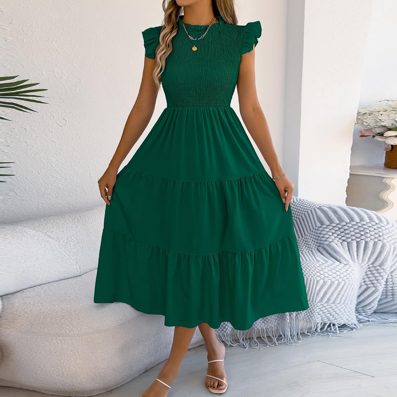 Womens Summer Dress Casual Sleeveless Mock Neck Smocked Tiered Layered High Waist Flowy Vacation Midi Dresses