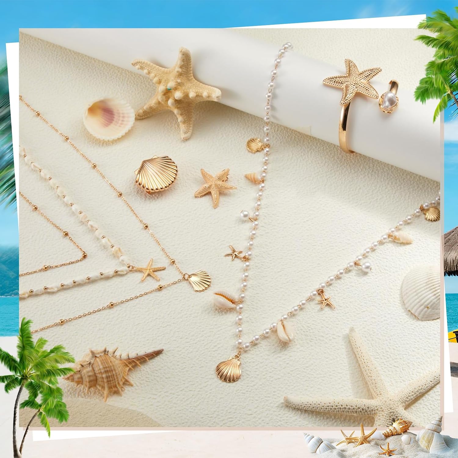 Tondiamo 7pcs Beach Jewelry Set for Women, Gold Starfish Seashell Waist Body Chain, Hair Clips, Seashell Starfish Necklaces Stackable, Gold Pearl Arm Cuff Bracelet Beach Vacation Mermaid Accessories