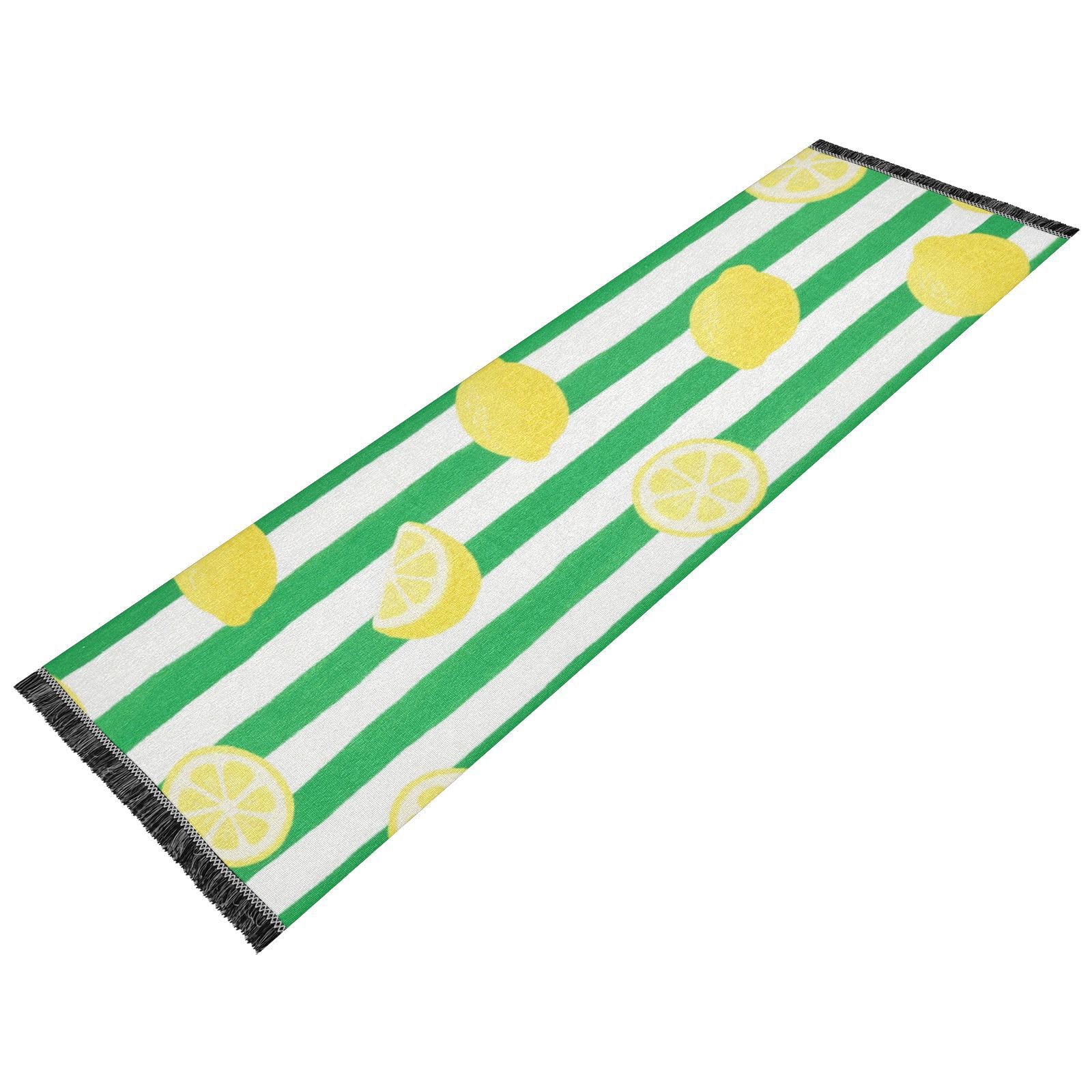 Tapis de bain antidérapant vert et blanc déco citrons fruits à pompons