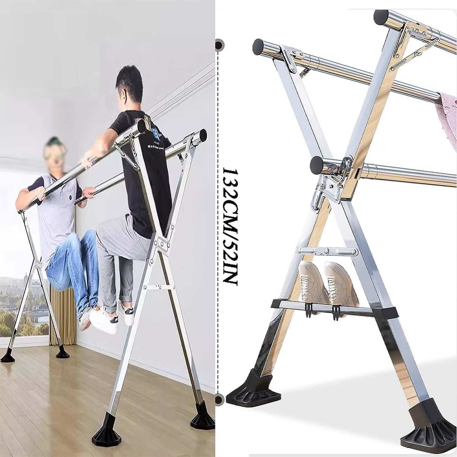 Adjustable Foldable Stainless Steel Clothes Drying Rack with 3 Retractable Rods, Heavy-Duty Portable Laundry Stand (200cm)(240cm)
