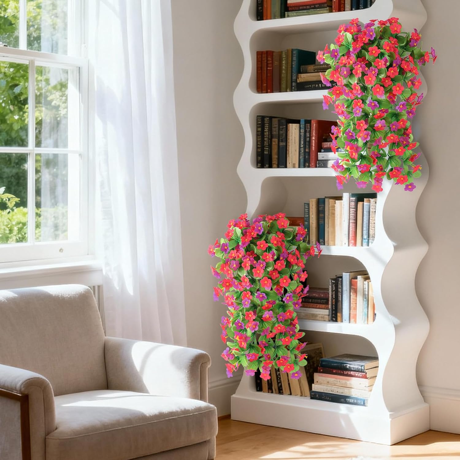 Artificial Fake Hanging Flowers for Outdoors, 2 Pcs Artificial Hanging Plants Outdoors Spring Summer Decor, UV Resistant Faux Violet Silk Flowers for Planters Front Door Yard Garden(Pink Rose Red) - Image 5