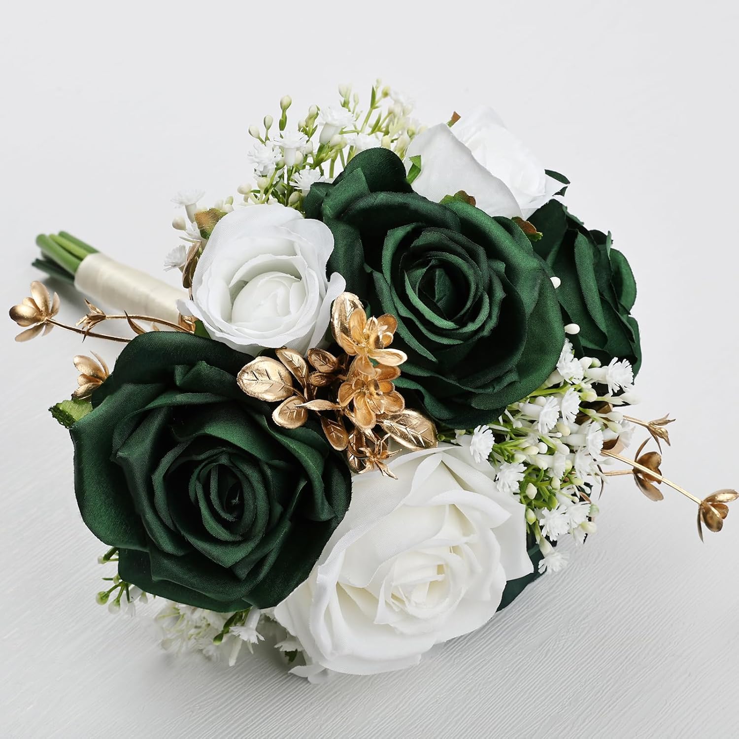 Wedding Bridesmaid Bouquets Set of 4, Artificial Silk Flowers Arrangement for Ceremony Marriage Proposal Party Anniversary Decorations - Emerald Green & Gold & White