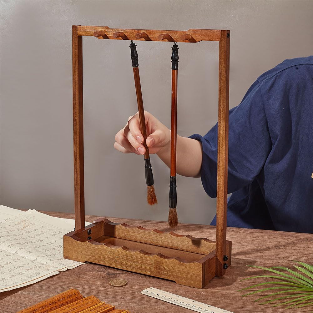 NBEADS 10-Pin Vintage Calligraphy Brush Pen Holder, Chinese Calligrapghy Brush Hanger Wood Chinese Brush Shelf Brush Pen Rack with Base Plate,for Beginners