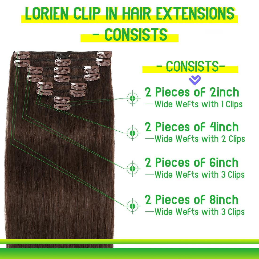 LORIEN Clip in Hair Extensions Real Human Hair, Clip in 100% Brazilian Remy Human Hair Extensions 8pcs Per Set with 18 Clips Double Weft, 16 Inch 90g, 4 Dark Brown