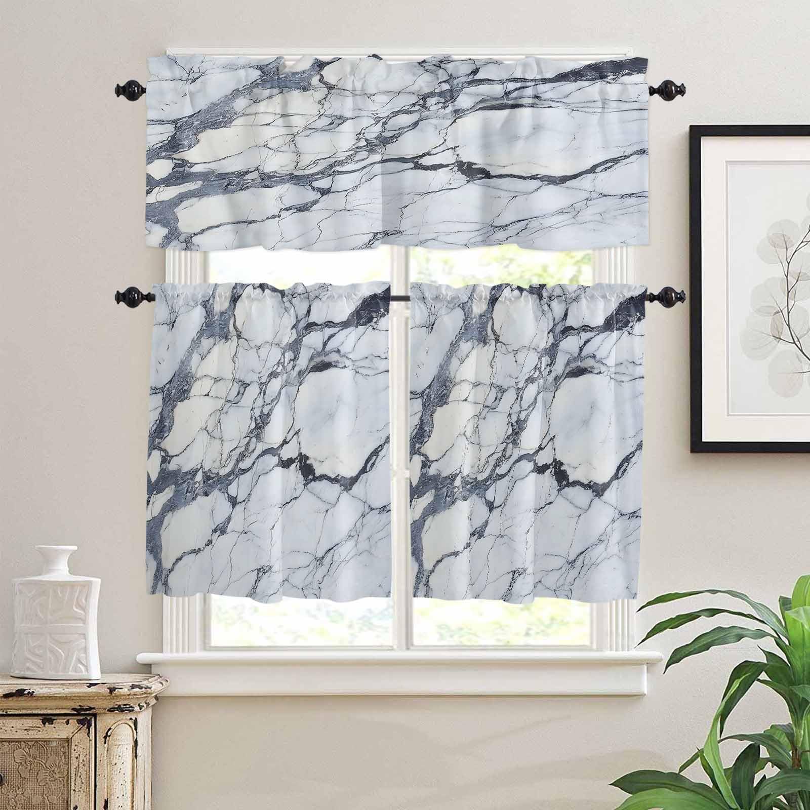 Marble Grey White Kitchen Curtains 24 Inch Length, 3 Piece Rod Pocket Small Half Tiers and Valance Set, Abstract Modern Geometric Printed Small Large Window Treatment Decor for Bedroom/Bathroom Sink