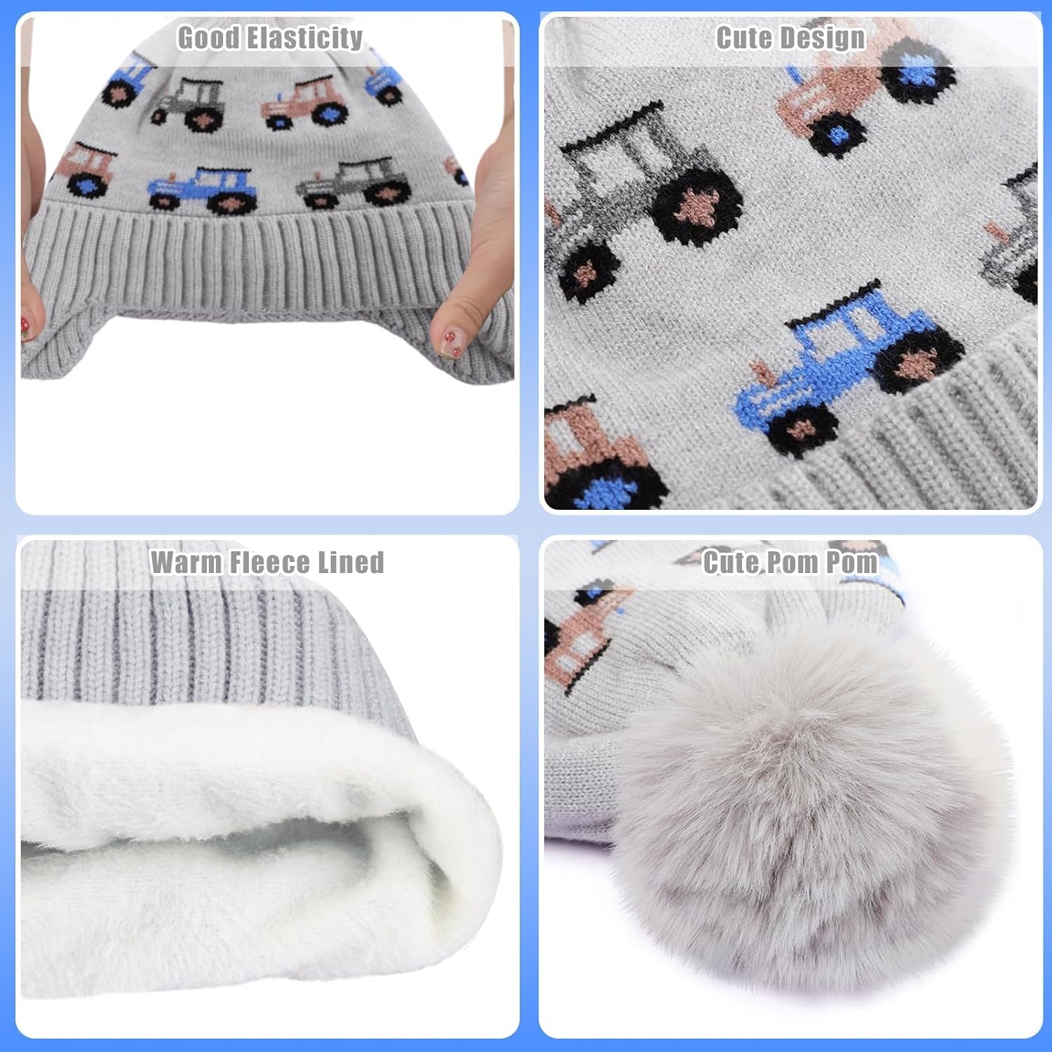 Kids Winter Beanie Hat Boys Toddler Knitted Pom Hat Earflap Fleece Lining Ages 3-12 - Image 3