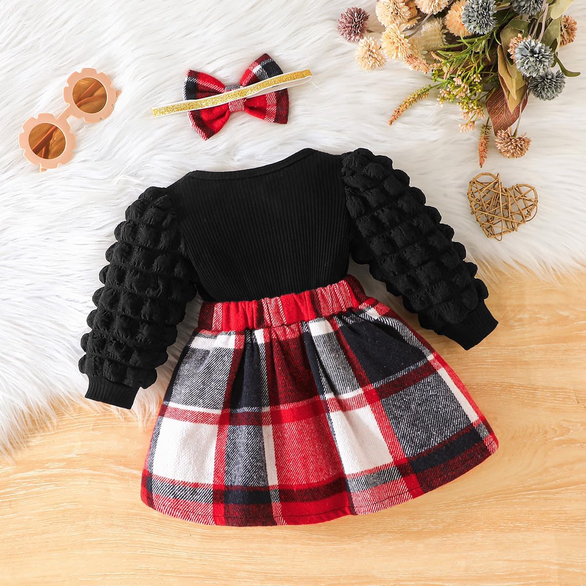 Toddler Baby Girl Plaid Dress Puff Sleeve Bow Patchwork Ribbed Shirts Dress Plaid Fall Winter Outfits with Headband - Image 5