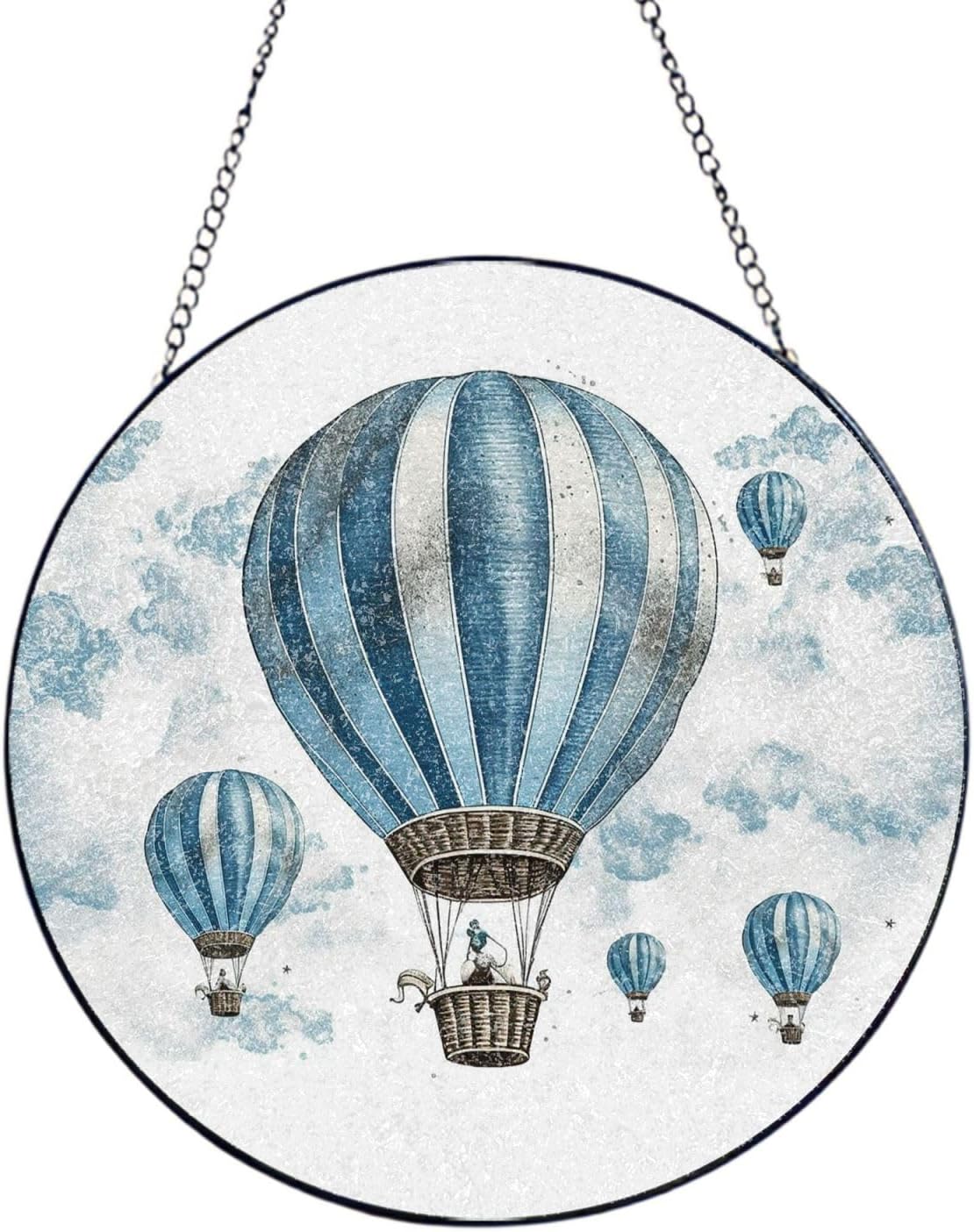 Stained Glass Window Hanging 6in（15cm）, Blue Hot Air Balloon Glass Suncatcher for Home Decor, Indoor Wall Art Glass Panel with Metal Chain and Hooks, Sun Catcher Ornament Birthday Gifts