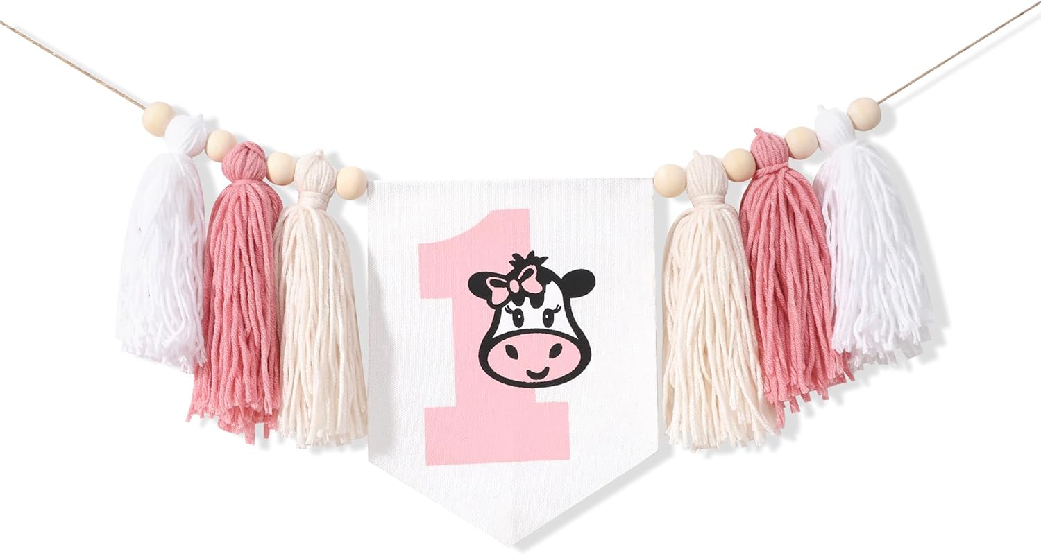 Cow Tassel 1st Highchair Banner - Cow 1st Birthday Party Decorations,Girl First Birthday Tassel High Chair Banner,Western Farm Animal Theme Party Decor,Farm Cow One Birthday Banner(White Cow Tassel)