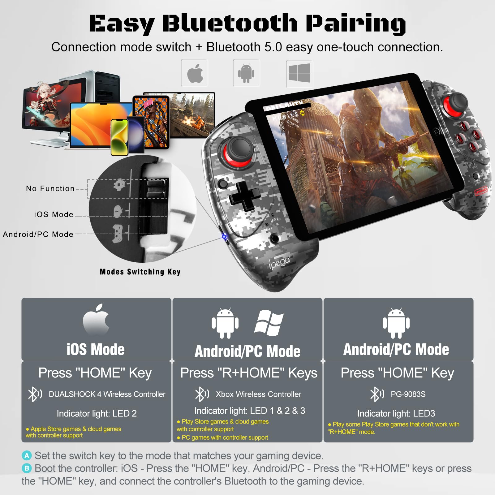 Joso Manette sans fil pour Android, iOS, PC, manette de jeu pour iPhone, iPad, tablette Play COD Mobile, Genshin Impact, Minecraft, compatible avec Samsung Galaxy, Xiaomi, Oppo, OnePlus - Direct Play