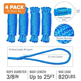Dock Lines Boat Ropes for Docking, 3/8 Double Braided Mooring Marine Rope, 15ft Nylon Rope with Loop, Blue, 4 Pack