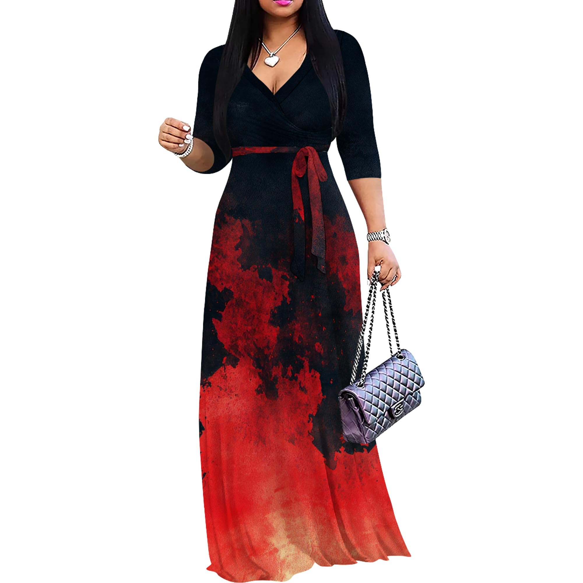 PinkPatty Women's Print Maxi Dresses 3/4 Sleeve Flowy Long Dress V Neck Wrap Tie Waist Sundress