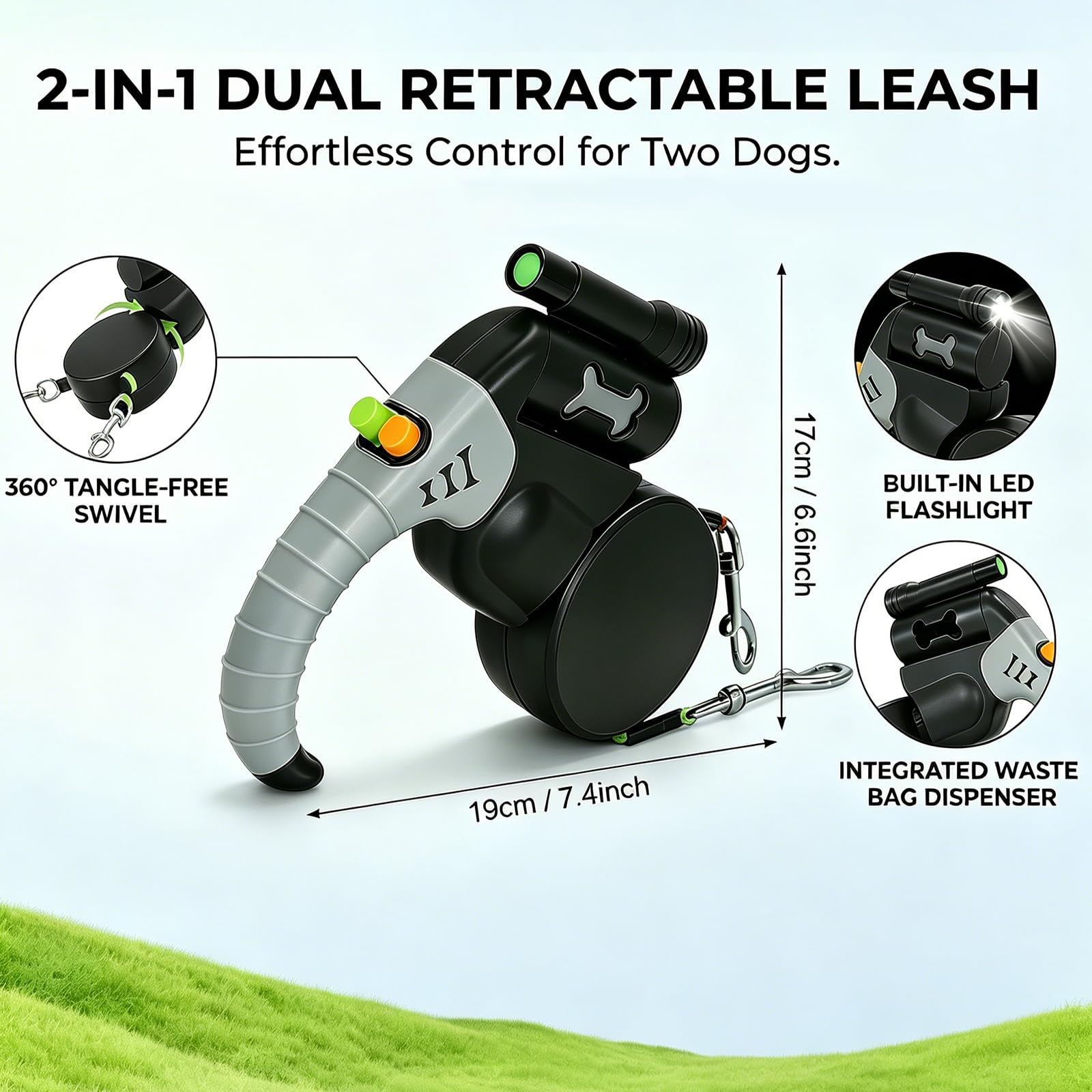 Guinzaglio retrattile per cani, doppio guinzaglio retrattile, guinzaglio automatico retrattile, doppio guinzaglio per cani di taglia media e piccola