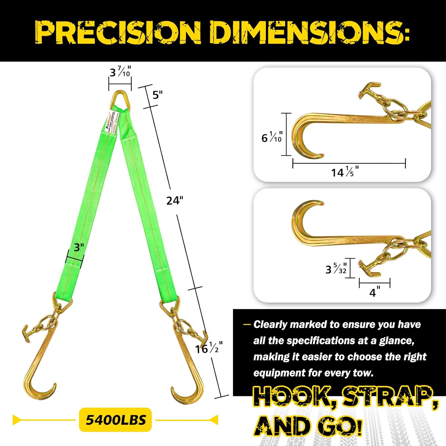 V Bridle Tow Strap w/ 15'' J & T-J Hooks | 3" x 36'' Recovery V-Strap, Hi VIZ Green Webbing, 5400lbs WLL | Heavy Duty Tow Straps w/Reinforced Webbing for Towing, Car Hauler, Wrecker, Rollback