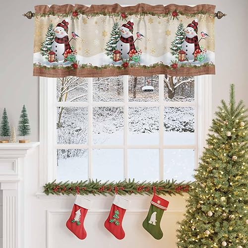Miniatura 4 de Cenefa de cortina de Navidad de 54 x 18 pulgadas, cenefas de muñeco de nieve para ventana, cortinas con bolsillo para barra, cortina corta de encaje