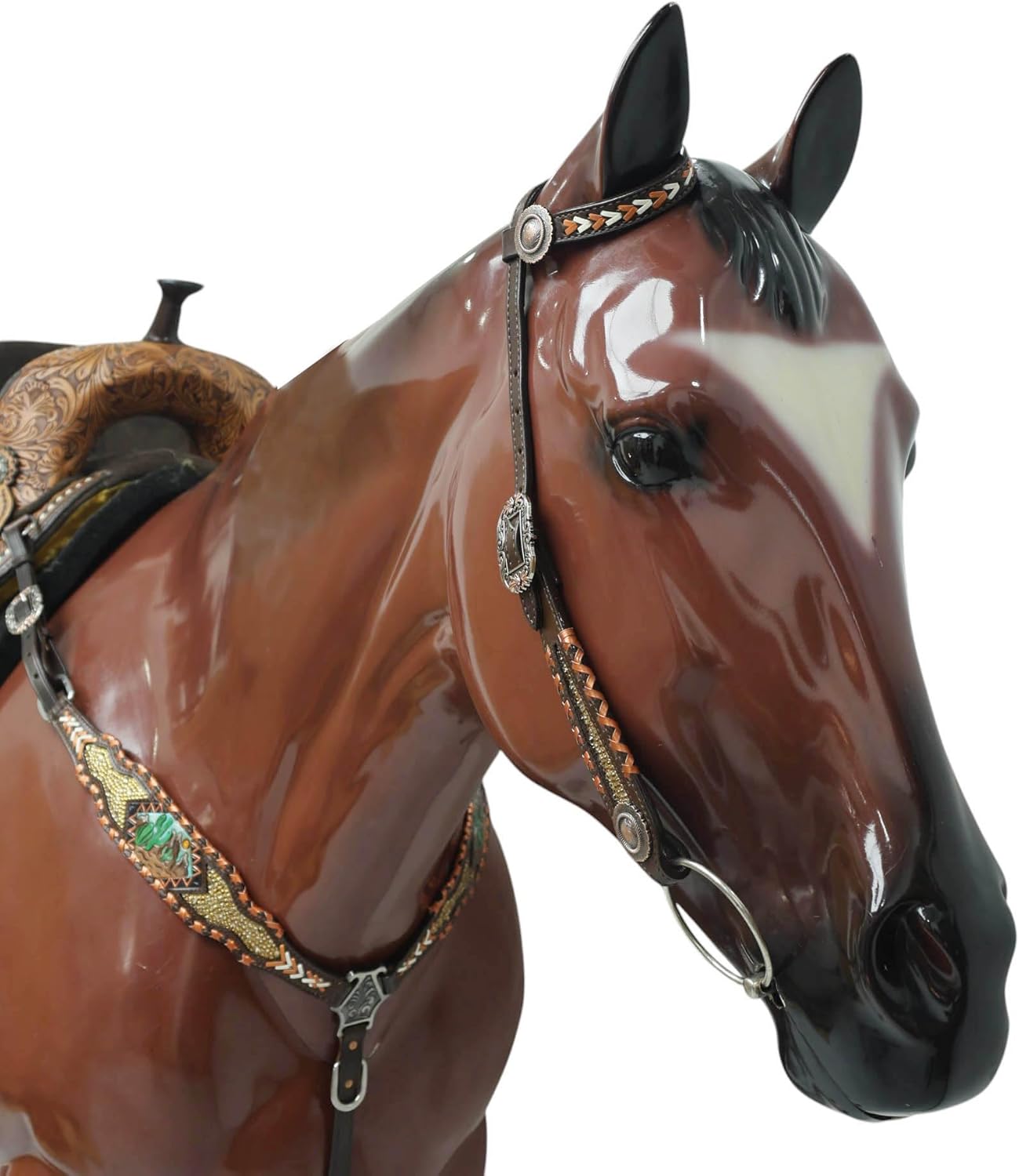 Western Leather Headstall and Breast Collar Tack Set, Mountain and Cactus Carving with Copper Rawhide Crisscross Braiding and Topaz Stones, Argentina Cow Leather