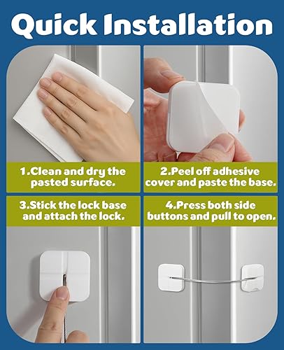 Miniatura 8 de Maveek - Paquete de 4 cerraduras de gabinete a prueba de bebés, cerraduras de cajón a prueba de niños, doble botón blanco para nevera, inodoro,