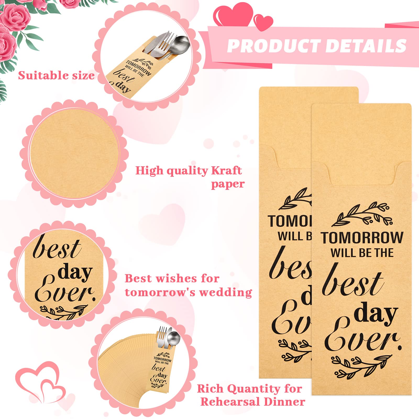 100 piezas Tomorrow Will Be The Best Day Ever - Bolsas de papel para cubiertos de boda, soporte para utensilios, bolsa rústica para cubiertos de boda, ensayo, cena, compromiso, barbacoa, 3