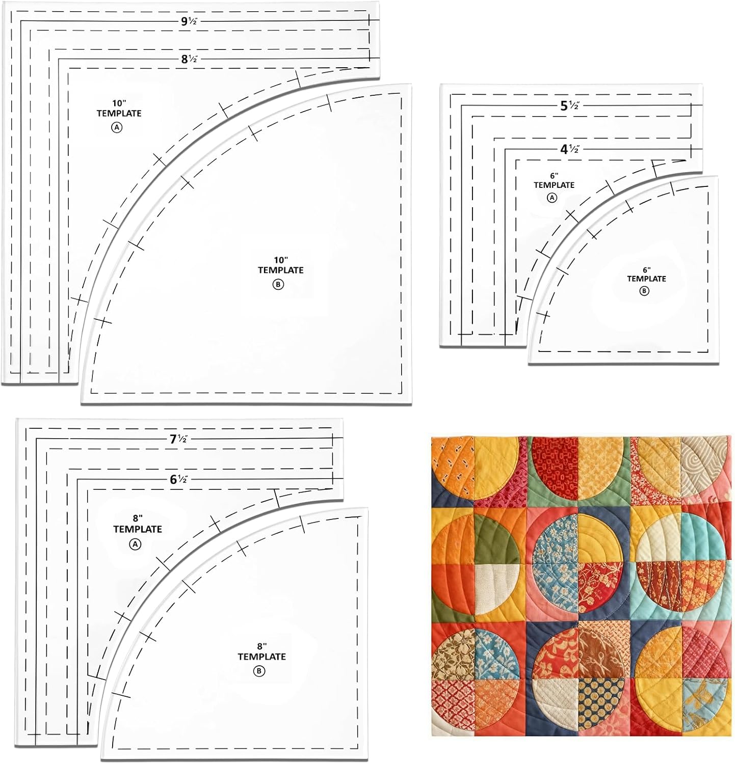 3 Set Drunkards Path Quilting Templates, 10" 8" 6" Large Acrylic Quilting Rulers with 1/4" Seam Allowance, Clear Sewing Patchwork Cutting Templates for DIY Craft Quilting