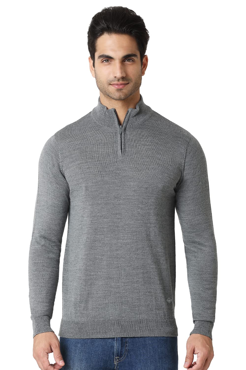 - Men Athleisure High Neck Sweater - Merino Wool Blend - Half Zip, Long Sleeve