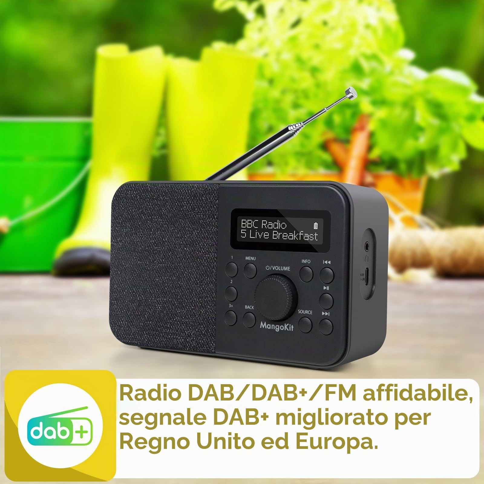 PR2S Radio Digitale DAB,DAB+ e Radio FM da cucina,altoparlante Bluetooth,Personale con Display,sveglia e orologio,40 stazioni preimpostate,cuffie, Batterie e Alimentazione a rete-Nero