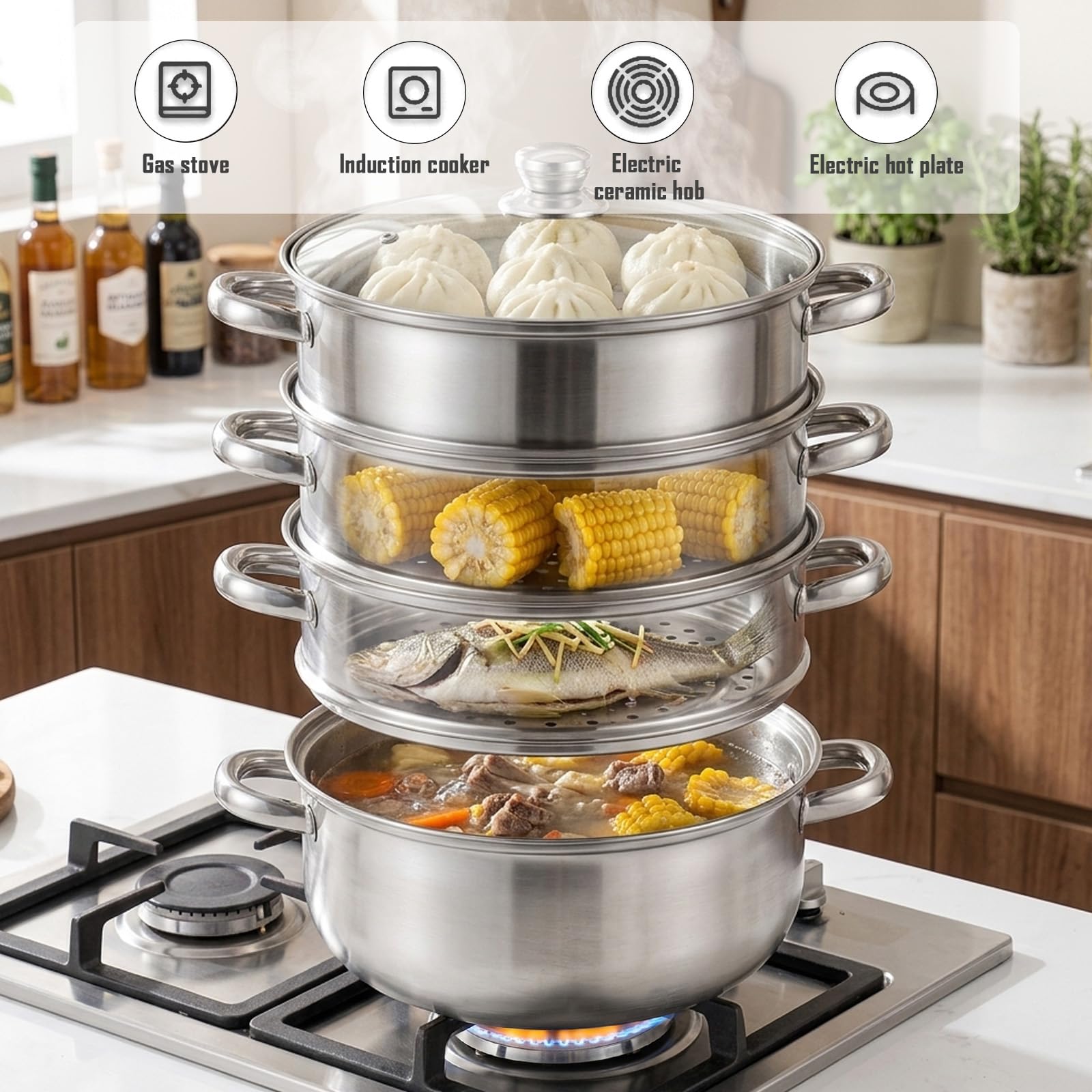 Dampfgarer Topf 28cm - 4-stufiger Edelstahl-Dampfkocher mit Glasdeckel - Für Suppe, Gemüse, Nudeln & Meeresfrüchte - Induktionsgeeignet & Spülmaschinenfest