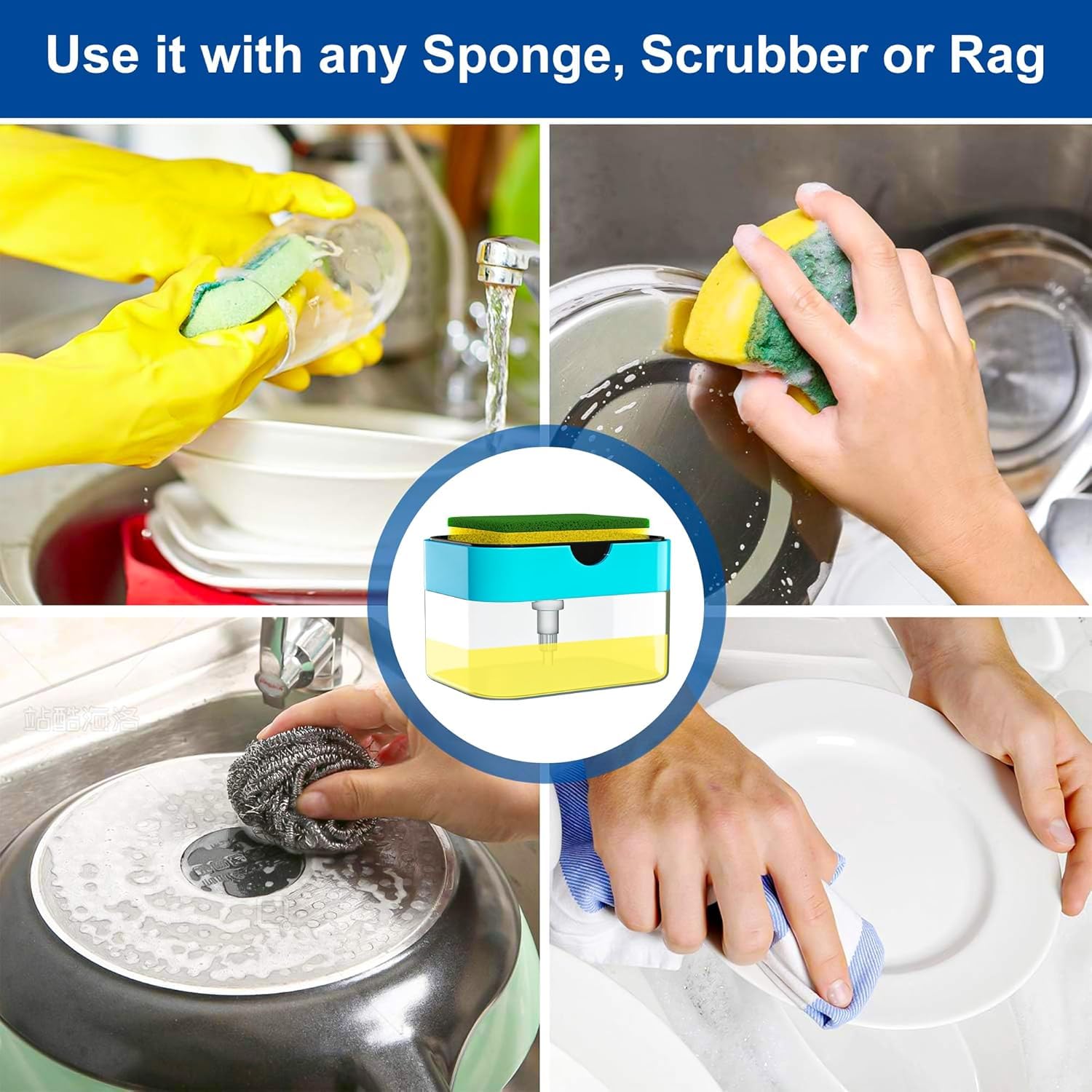 2 in 1 Soap Dispenser for Bathroom Accessories Dishwasher Liquid Holder Liquid Dispenser Pump 400 ML with Sponge Holder Kitchen Sink Accessories (Multi-Color) 4