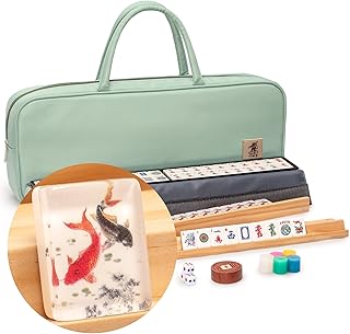 Yellow Mountain Imports American Mahjong Set, Celadon Koi with Mint Green Fabric Case - Four Wooden All-in-One Racks with Pushers, Wright Patterson Scoring Coins, Dice, and Wind Indicator