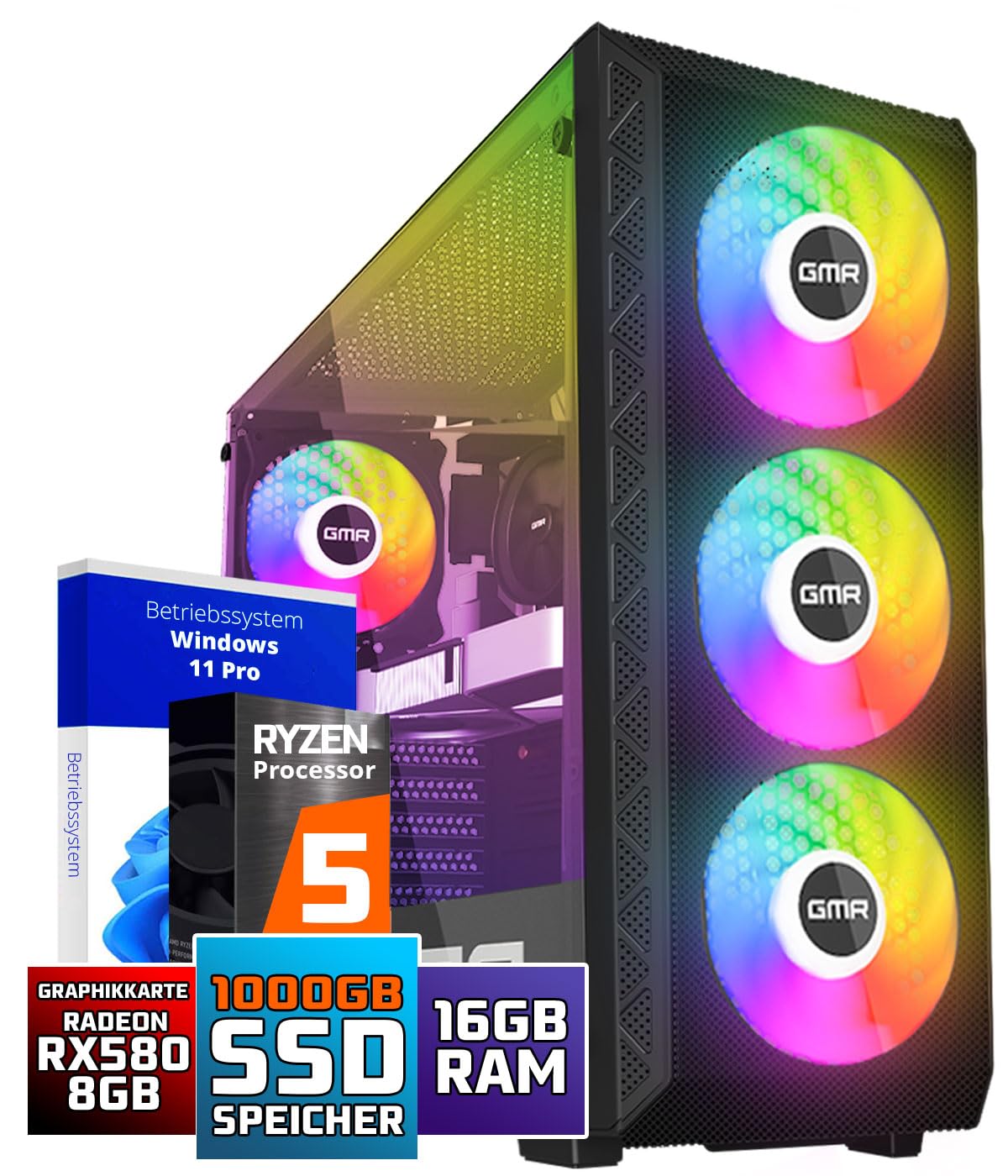 GMR AMD Ryzen 5 2600X, AMD Radeon RX 580 8 GB, 16 GB de RAM, 1000 GB SSD, A320 placa base - Potente PC Gaming para jugadores con Windows 11 Pro y fuente de alimentación de 500 W