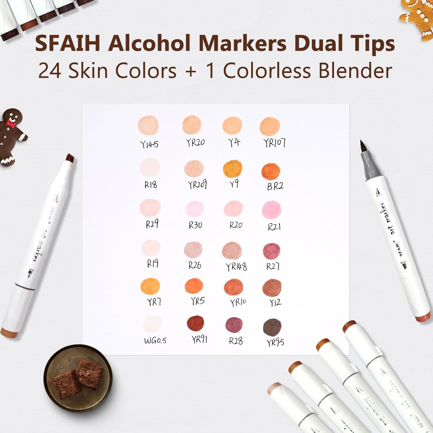SFAIH Skin Tone Alcohol Markers Brush & Chisel - 25 Portrait Color Permanent Markers for Adults/Teen/Artists/Creators, Blendable Art Markers for Coloring Sketch & Drawing & Illustration-Refillable Ink