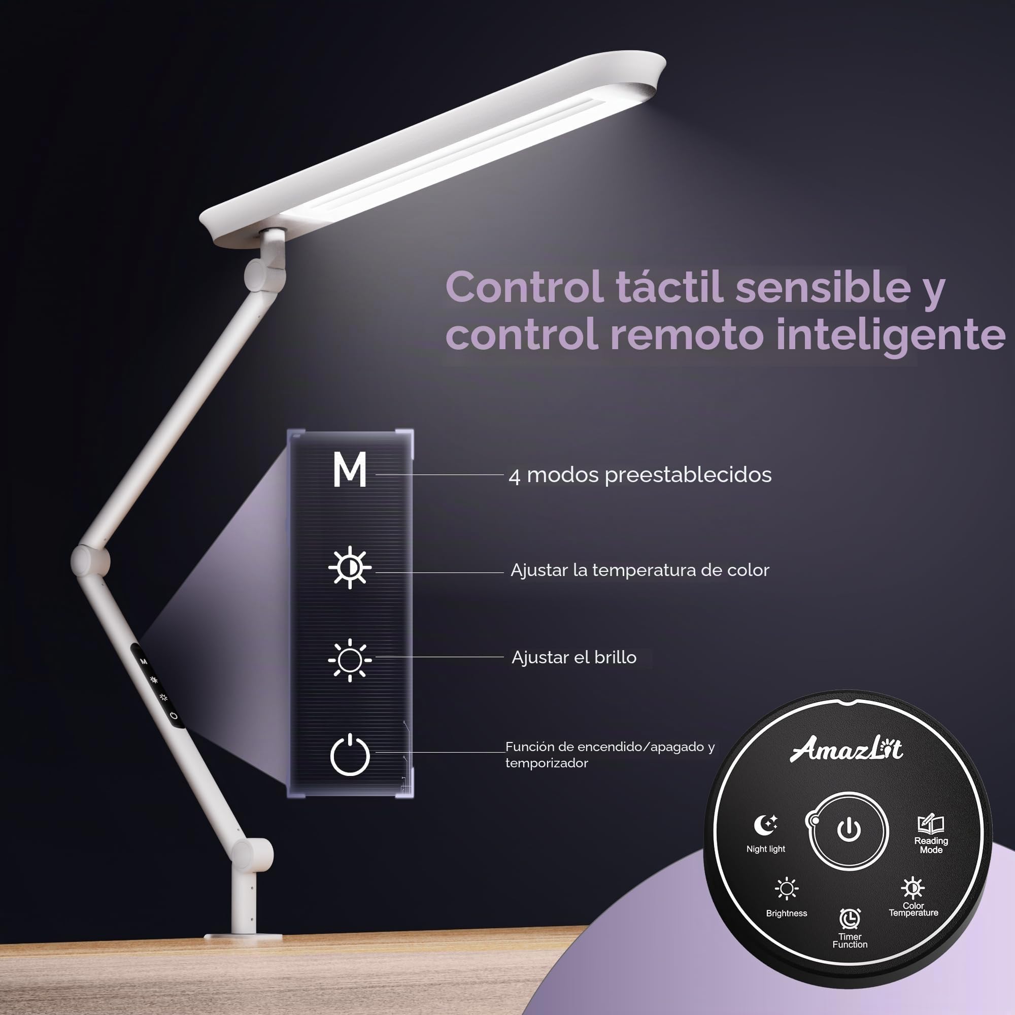 AmazLit Lámpara Escritorio, Lámpara de Escritorio LED con Abrazadera,18W Atenuación y Temperatura de Color Ajustable,Lámpara de Arquitecto Moderno con Función de Memoria para Hogar, Oficina,Blanco