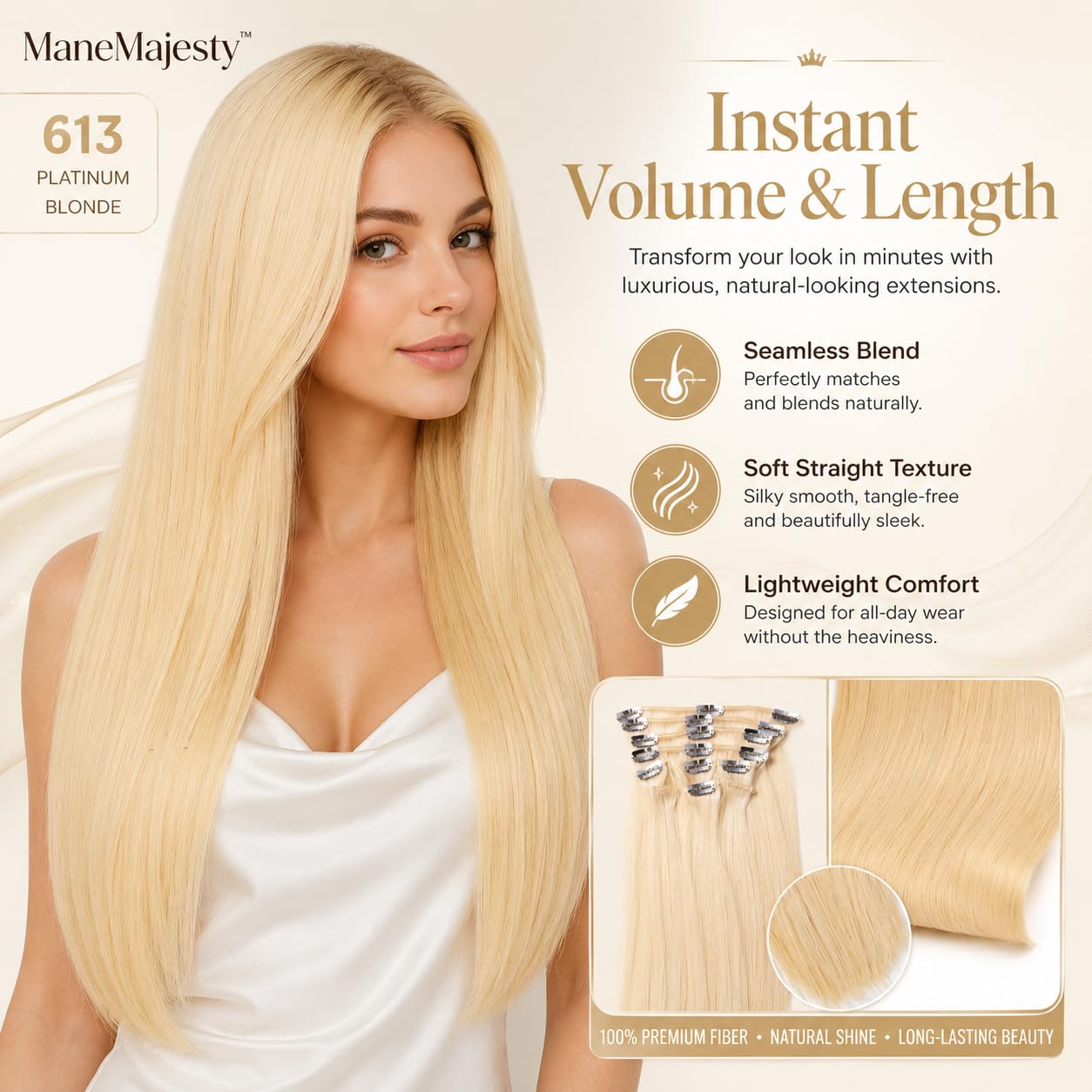 18 Inch Clip in Human Hair Extensions, 10pcs 100g Straight Remy Hair, Color 613 Platinum Blonde Double Weft Clip Ins for Women, Finished Length 20 Inch