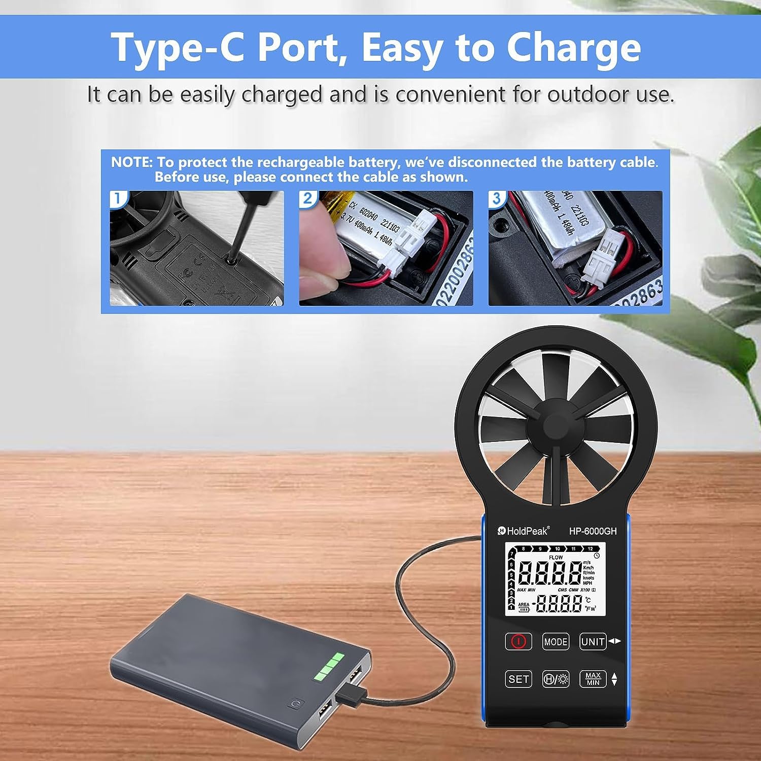 Anémomètre Numérique, Anémomètre Rechargeable, VMC Anémomètre Mesurer la Vitesse du Vent/Température écran LCD Rétroéclairé, Anémomètre Portatif pour Extérieur pour kitesurfing HVAC drone